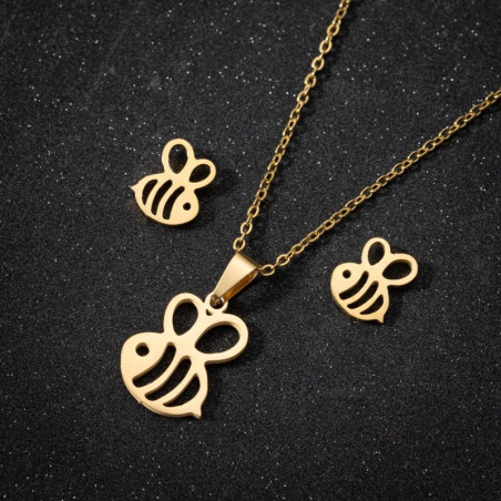 Parure Bijoux Collier et boucles d'oreilles plaqué Or petite abeille minimaliste