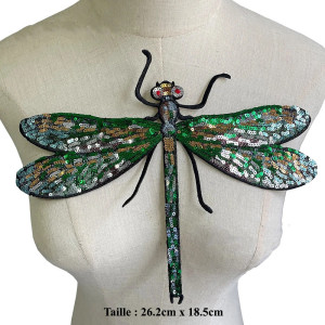 Dimensions Grand patch libéllule verte à Paillettes thermocollant