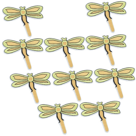 Vue générale Patches libéllules jaunes brodées - 7.8cm x 6.1cm - Lot de 10 pièces