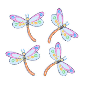 Vue détaillée Patches libéllules roses et bleues brodées thermocollants - 6.3cm x 5cm - Lot 5 pièces