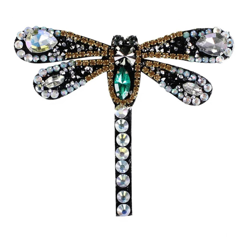 Patch à coudre libellule en cristal noir - 9.6cm x 8cm