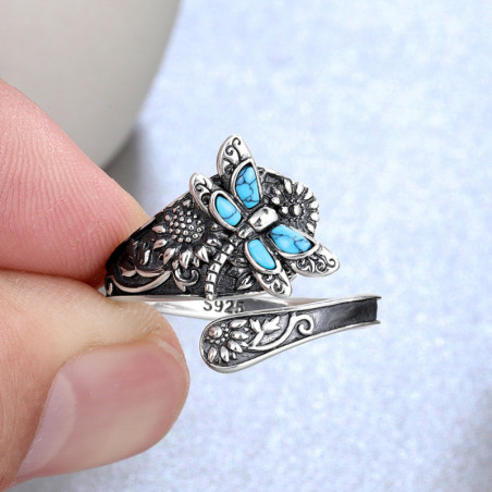 Vue détaillée Bague Libéllule Vintage Turquoise des Jardins Mystiques