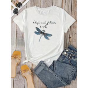 T-shirt libéllule avec citation et grande libéllule couleur blanc