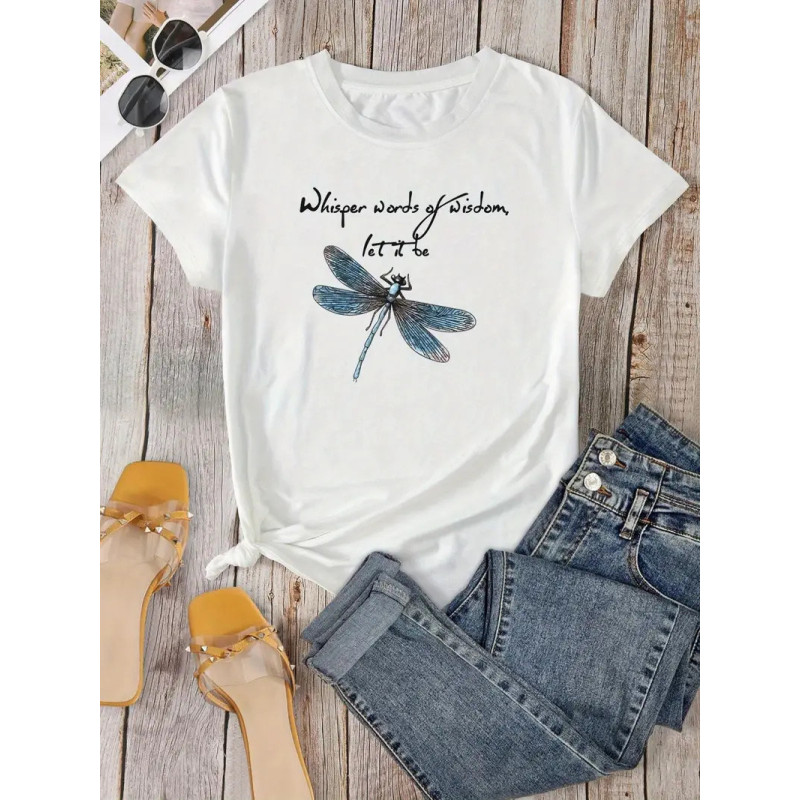 T-shirt libéllule avec citation et grande libéllule couleur blanc