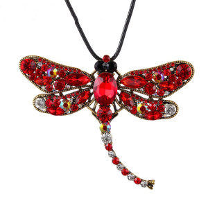 Collier Pendentif Libellule Mosaïque de Gemmes couleur Rouge