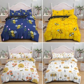 Housse de couette imprimée dessin abeille - Ensemble de literie 2 taies d'oreiller + Housse de Couette