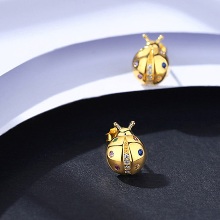 Vue détaillée Boucles d'Oreilles Coccinelle en Argent Sterling 925 et Pierres Colorées