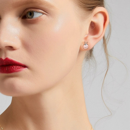 Vue Portée Boucles d'Oreilles Coccinelle de couleur Rose en Argent Sterling 925