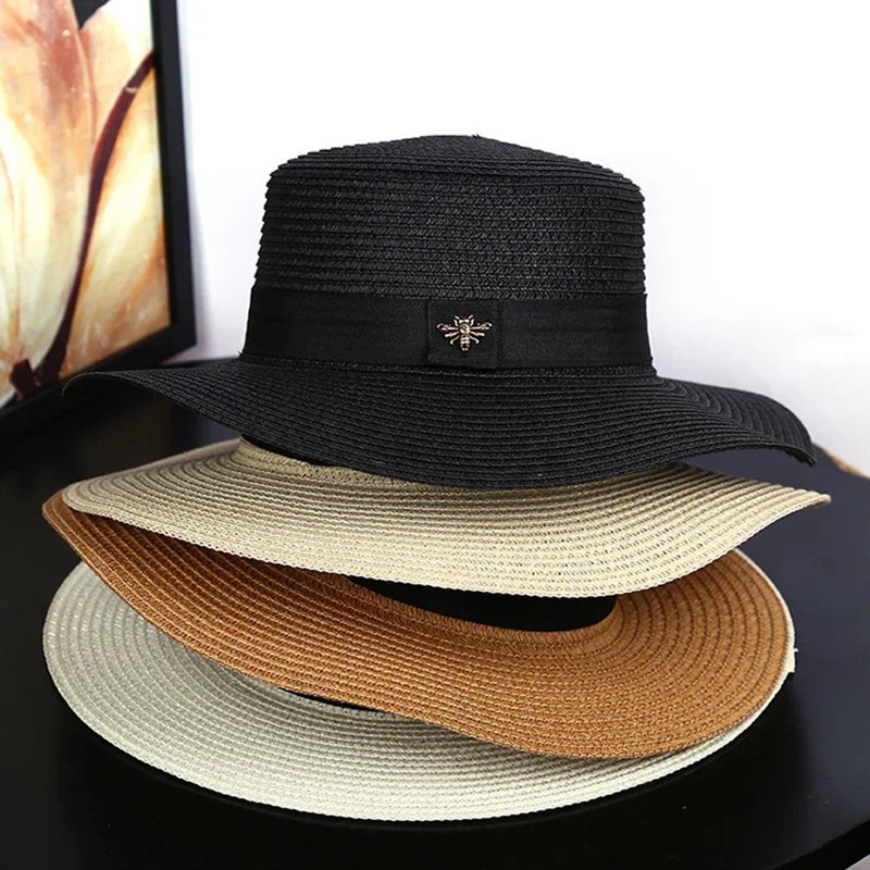 Chapeau de paille rétro chic tressé pour femme avec petite abeille - 3 couleurs au choix !