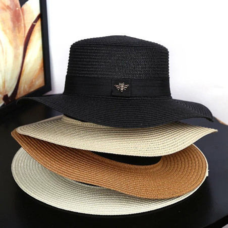 Chapeau de paille rétro chic tressé pour femme avec petite abeille - 3 couleurs au choix !