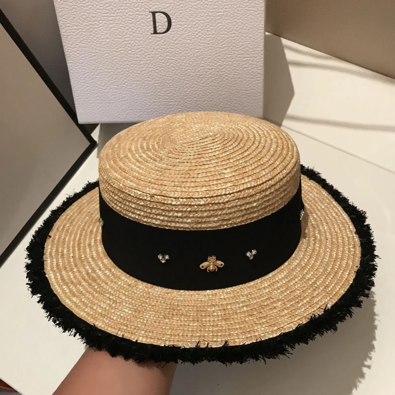 Chapeau de paille rétro tressé pour femme avec petite abeille et strass