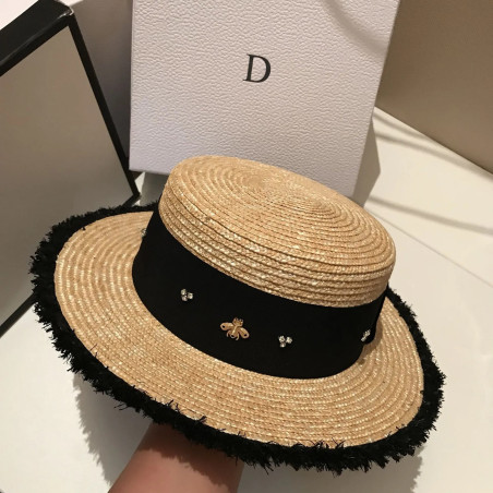 Vue détaillée Chapeau de paille rétro tressé pour femme avec petite abeille et strass