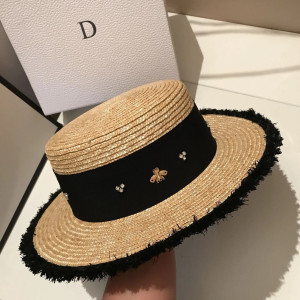 Vue générale du Chapeau de paille rétro tressé pour femme avec petite abeille et strass