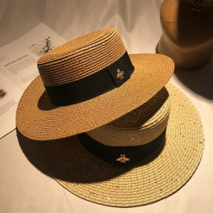 Chapeau de paille rétro tressé pour femme avec petite abeille - 5 couleurs au choix !