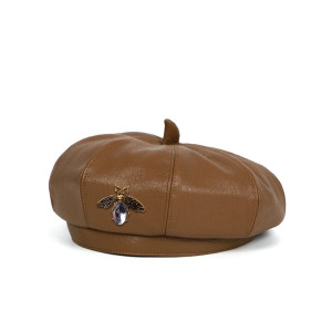 Béret en cuir Vintage pour femmes avec broche abeille Couleur Marron