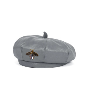 Béret en cuir Vintage pour femmes avec broche abeille Couleur Gris