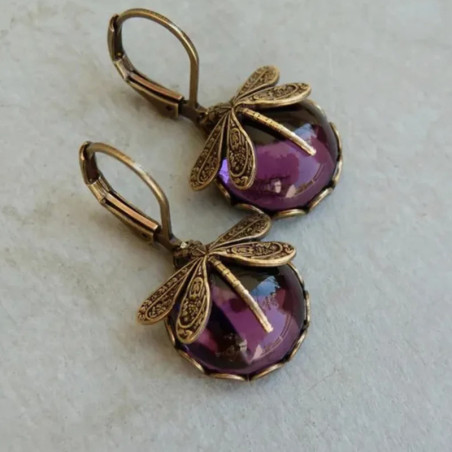 Boucles d'oreilles pendantes Libéllule en Bronze couleur Violet