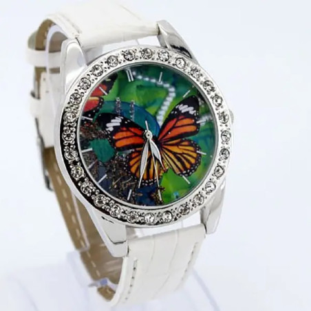 Montre Papillon Cadran Strass Grand Papillon avec bracelet en cuir couleur Blanc