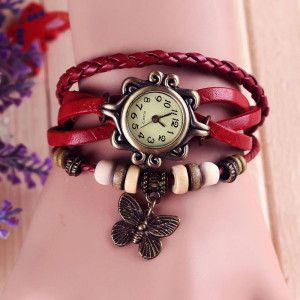 Montre Papillon Vintage Quartz avec Bracelet en Cuir couleur Rouge