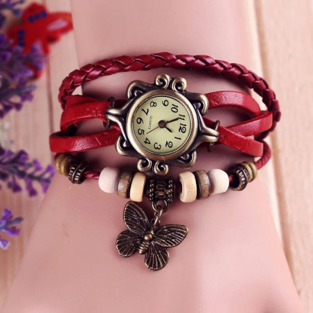 Montre Papillon Vintage Quartz avec Bracelet en Cuir couleur Rouge