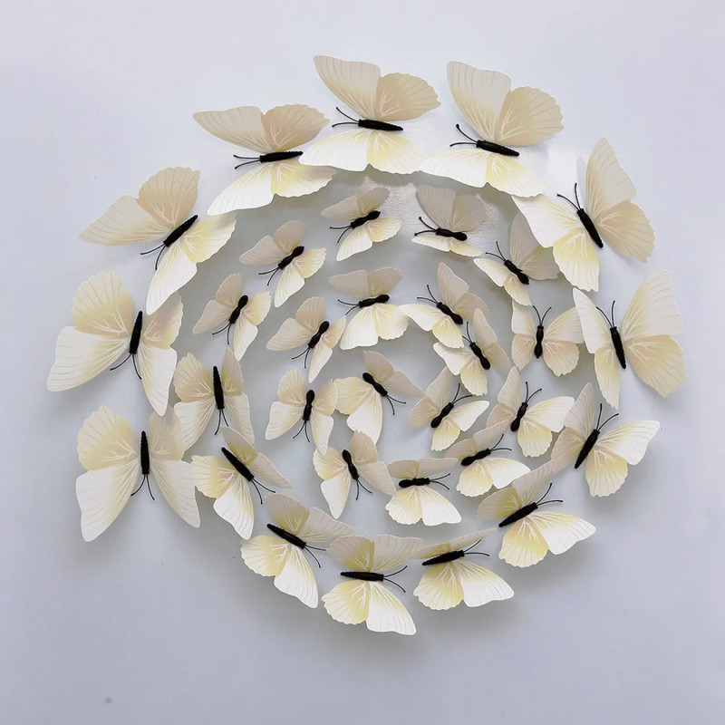 Lot de 12 pièces d'Autocollant Mural Papillon 3D -Beige