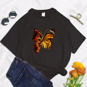 T-shirt Papillons avec imprimé Grand Papillon et Flammes Couleur Noir