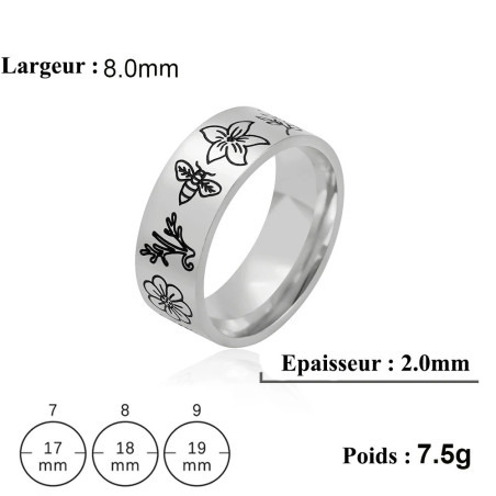 Détails Anneau abeille de type chevalière  motif hibiscus - modèle argent