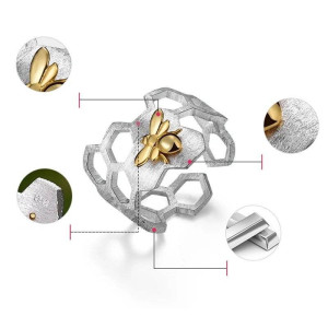 Détails de la Bague en argent nid d'abeille en véritable argent sterling 925 et or 18 carats