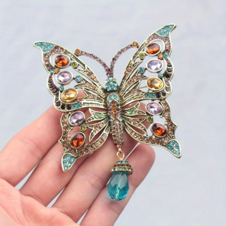 Broche Papillon en Émail avec Pendentif Perle