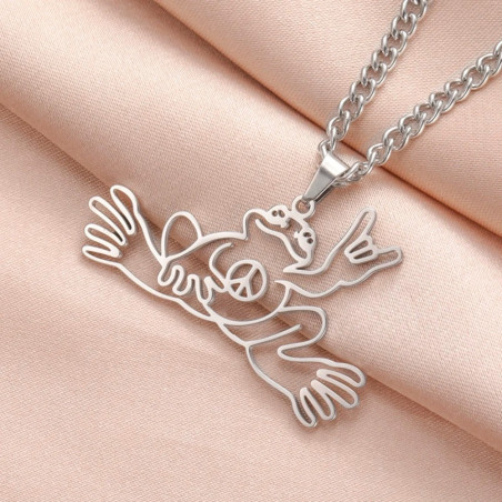 Collier Grenouille Signe de Paix Peace and Love couleur argent
