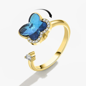 Bague Papillon Doré Cristal Océan - babgue tournante !