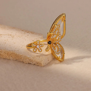 Anillo Mariposa Dorado | Joya Ajustable con Cristales Mujer