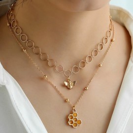 Double Collier avec 2 pendentifs  abeille et nid d'abeille
