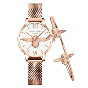 Reloj Abeja y Brazalete Perla | Conjunto Elegante para Mujer