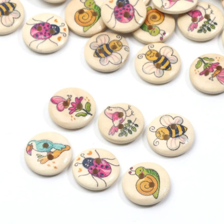 Botones de Madera Abeja y Polinizadores - 15mm - Lote de 50