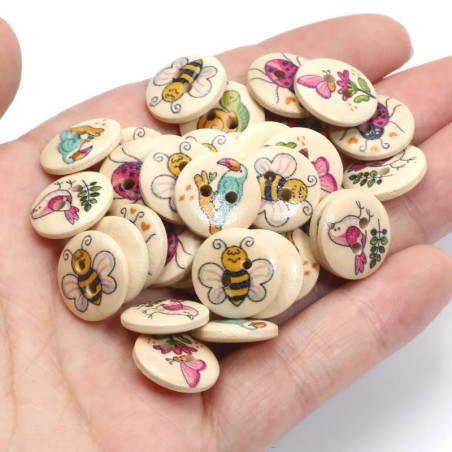 Botones de Madera Abeja y Polinizadores - 15mm - Lote de 50