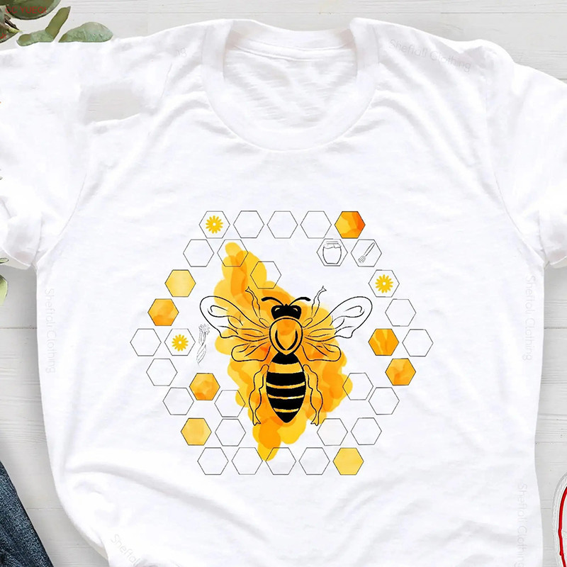 Camiseta Abeja Cuello Redondo - Estampado Panal de Algodón