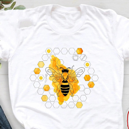 Camiseta Abeja Cuello Redondo - Estampado Panal de Algodón