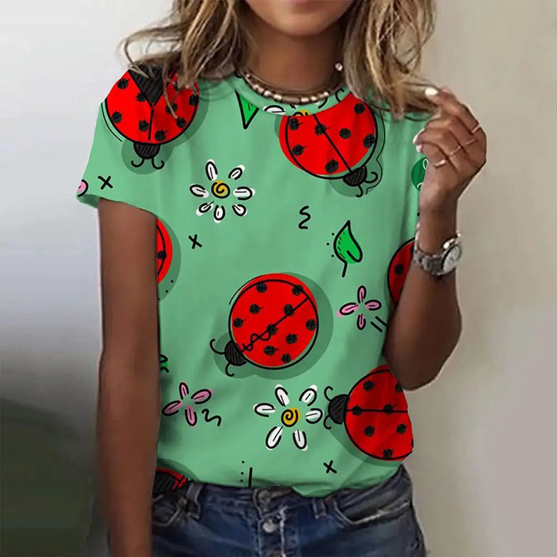 Camiseta Mujer Mariquita "Flores y Suerte" - 100% Algodón