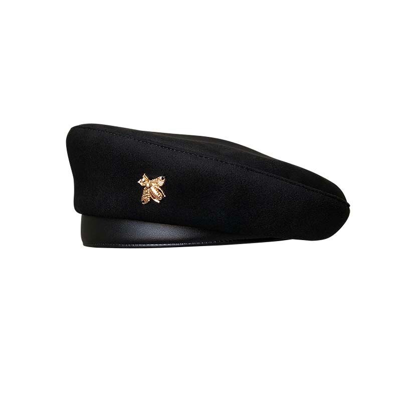 Béret en daim pour femme haut de gamme avec abeille noir