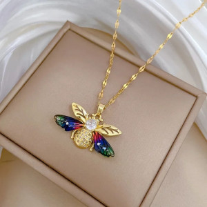 Collar Abeja Alas de Aurora - Dorado & Multicolor - ¡Joya Única!