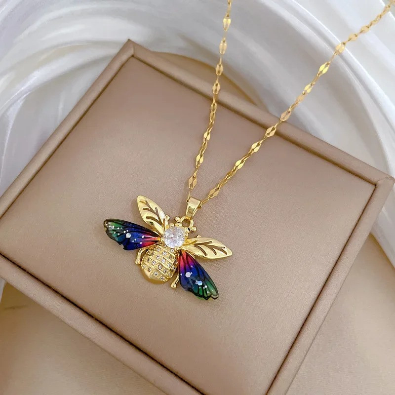 Collar Abeja Alas de Aurora - Dorado & Multicolor - ¡Joya Única!