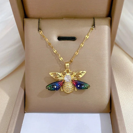 Collar Abeja Alas de Aurora - Dorado & Multicolor - ¡Joya Única!