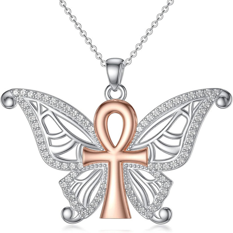Collar Mariposa Ankh Sagrado - Joya Espiritual Plata & Oro Rosa!