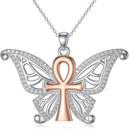 Collar Mariposa Ankh Sagrado - Joya Espiritual Plata & Oro Rosa!