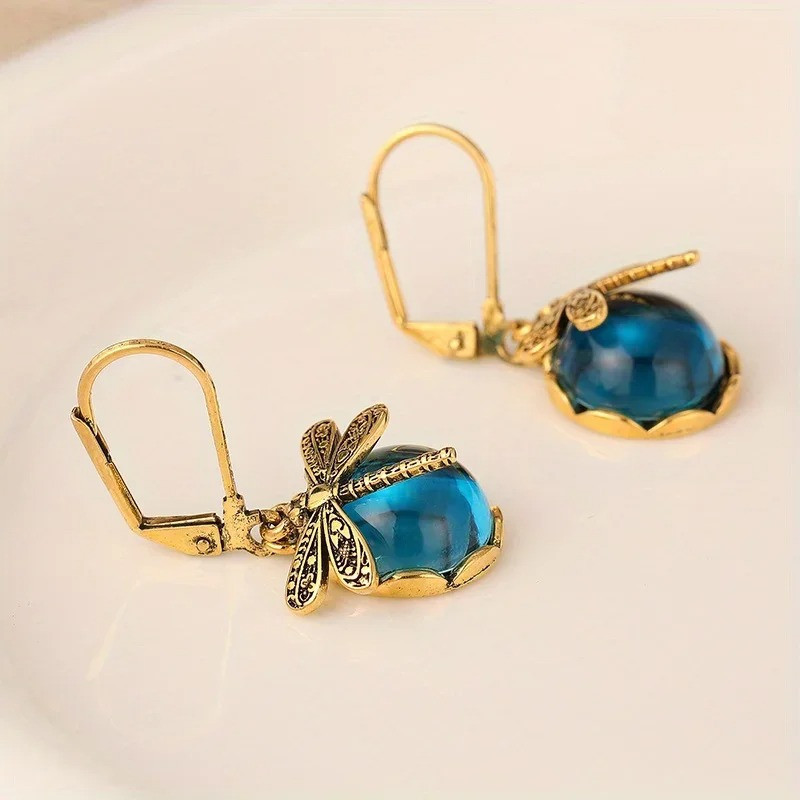 Pendientes Libélula Azul Antiguo | Joyas Bohemias Doradas