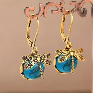 Pendientes Libélula Azul Antiguo | Joyas Bohemias Doradas