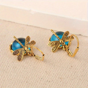 Pendientes Libélula Azul Antiguo | Joyas Bohemias Doradas