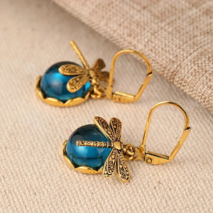 Pendientes Libélula Azul Antiguo | Joyas Bohemias Doradas