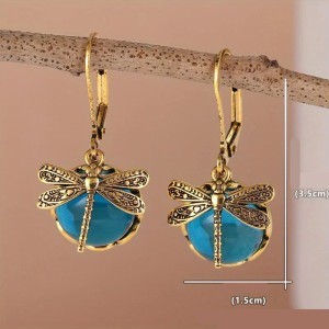 Pendientes Libélula Azul Antiguo | Joyas Bohemias Doradas